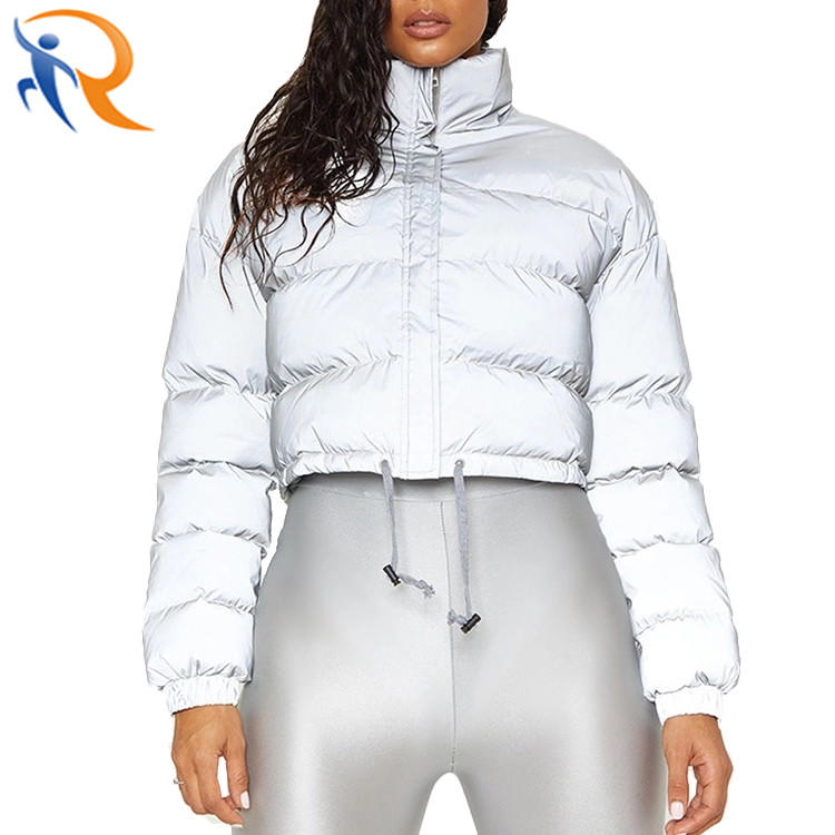 Women Fashion Winter Warm Long Sleeve Zipper Crop Coat Reflective Coat