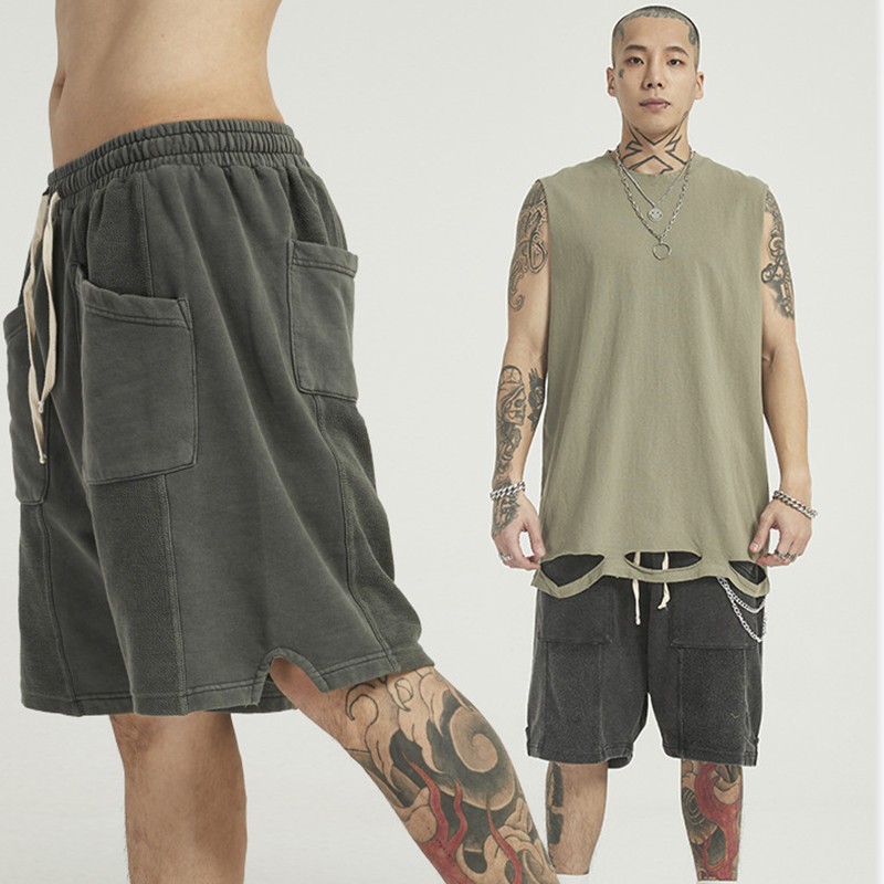 product-Mens Shorts Acid Washed Cut Sew Pockets High Street Pants-Ruiteng-img