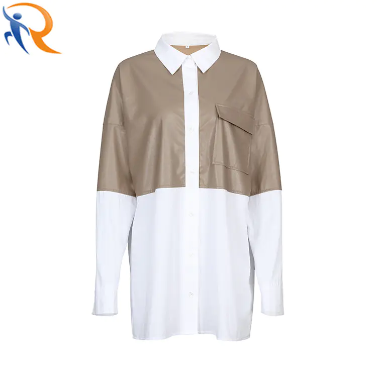 Fashion Patchwork PU Leather Blouse Oversized Pocket Cotton Female Casual Blouses