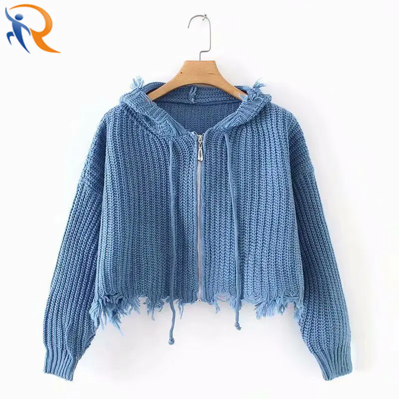 Women Knitted Crop Sexy Lapel Zipper Coats Women′s Sweaters with Zipper