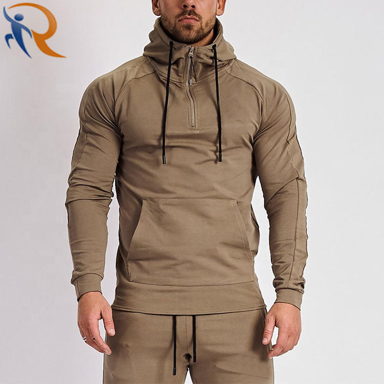 Wholesale Casual Men Solid Color Half Zipper Hoodies Fitness Active Wear