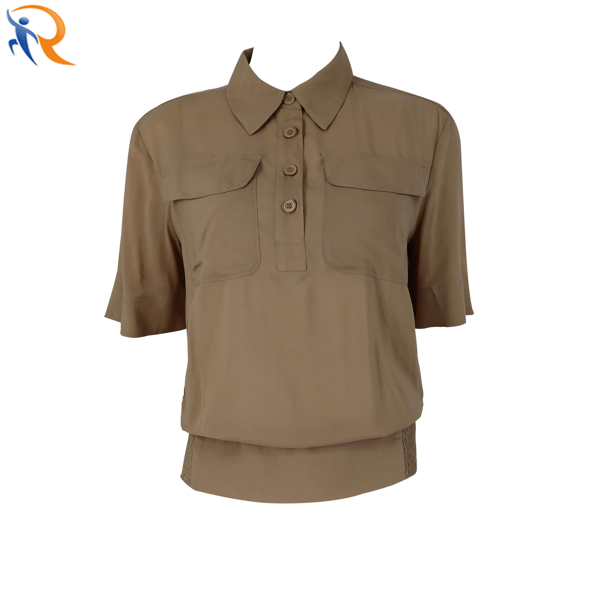 Women Casual Soft Viscose Shirt Short Sleeve Lady Top With Elastic Bottom And Chest Pockets