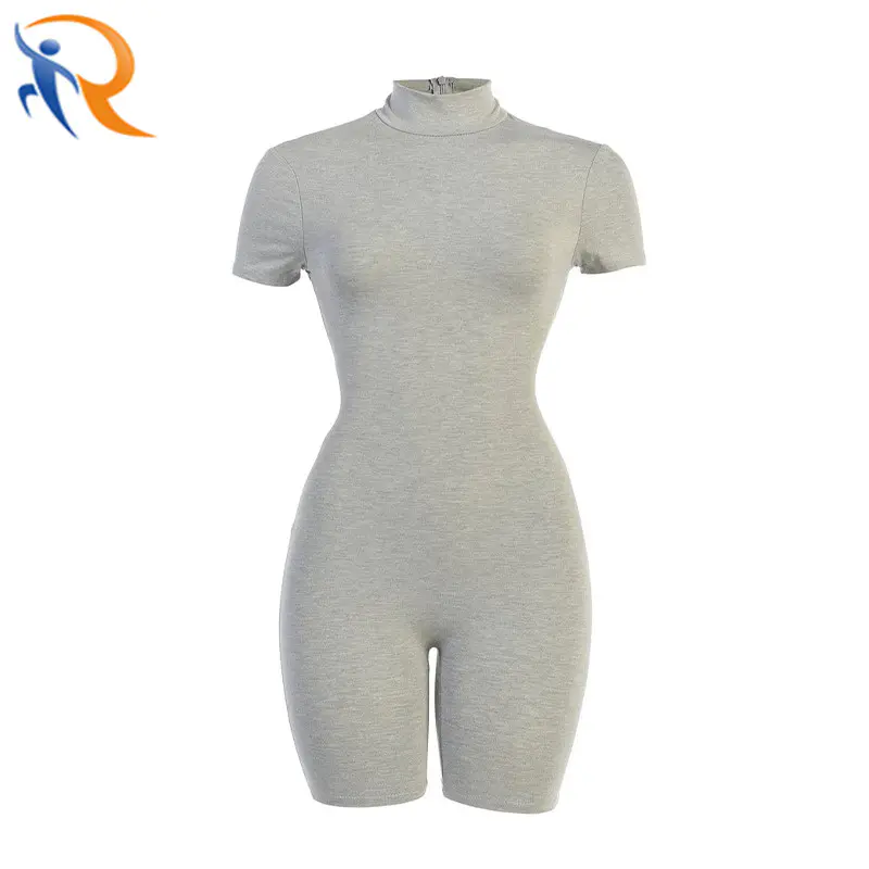 Summer One Piece Bodysuits Short Sleeve Bodycon Jumpsuit with Zipper for Women