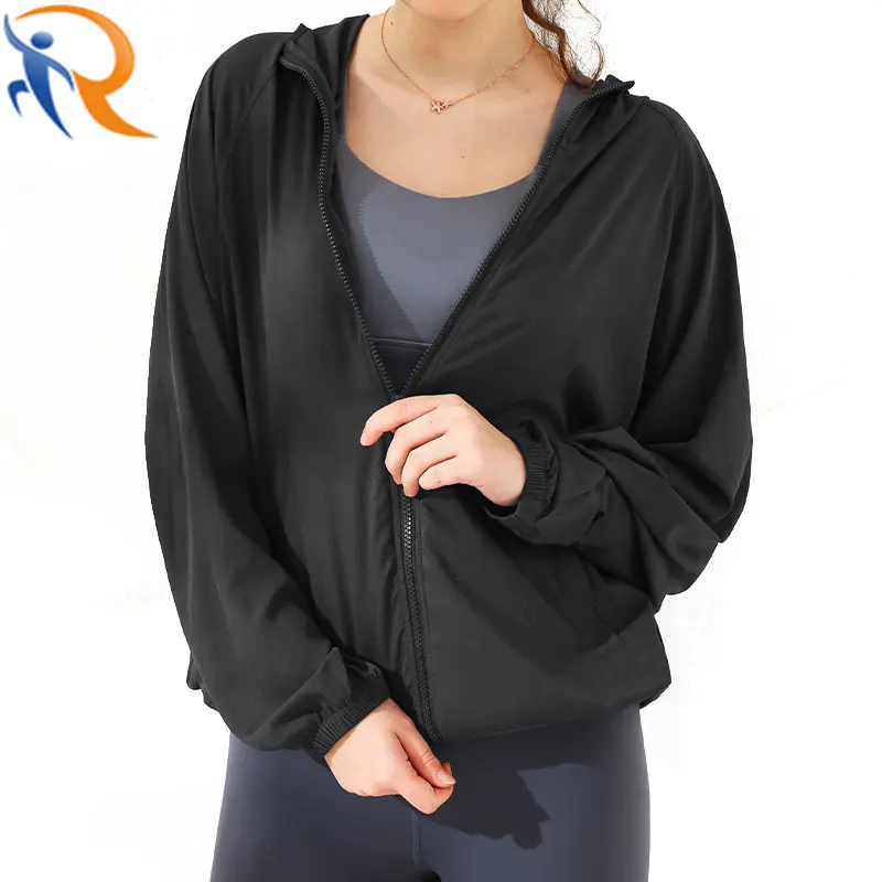 Women Active Leisure Wear Hood Jacket Light Weight Sports Coats Full Zipper Yoga Jacket