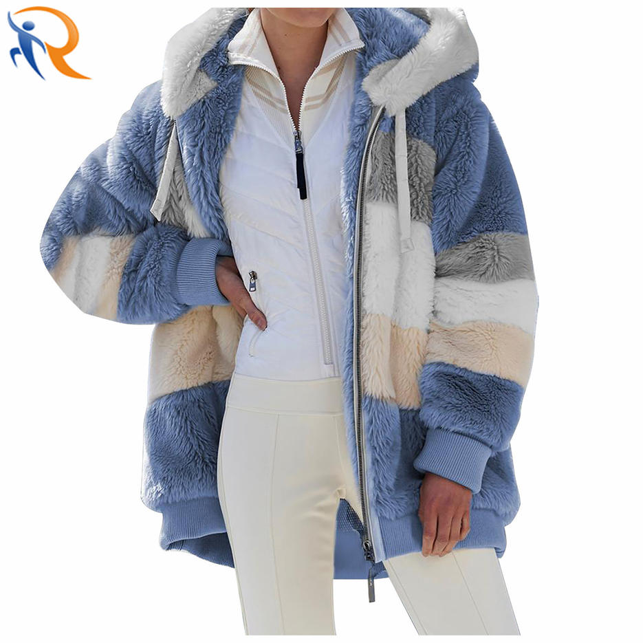 2021 Women Winter Zipper Long Sleeve Fleece Plush Jacket Hooded Woolen Coat
