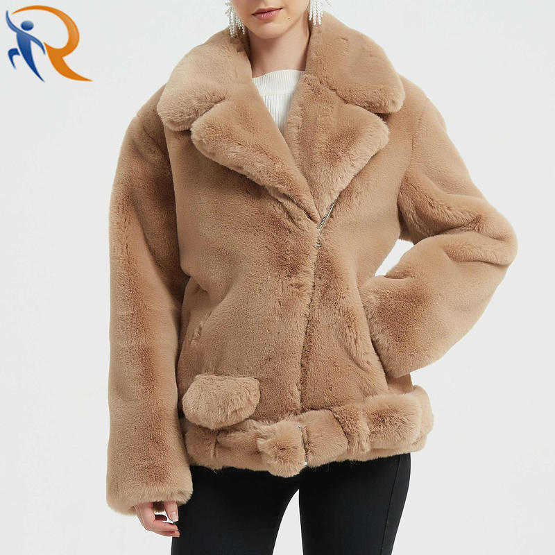 Winter Wear Zipper Warm Faux Fur Wool Coat Oversize Teddy Velvet Belt Women Jacket