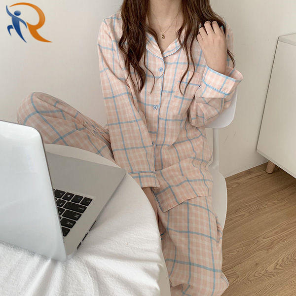 Pajamas Women SA Long-sleeved Cotton Plaid Fresh and Cute Home Wear Pajamas Suit