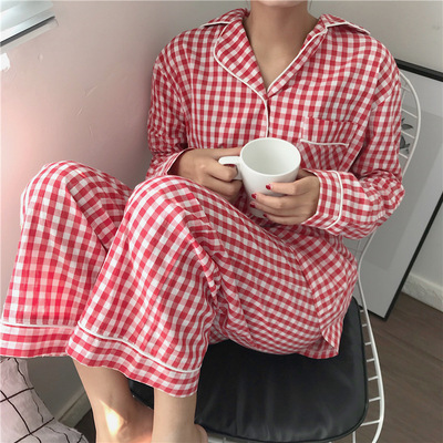 product-Ruiteng-Pajamas Women SA Long-sleeved Cotton Plaid Fresh and Cute Home Wear Pajamas Suit-img