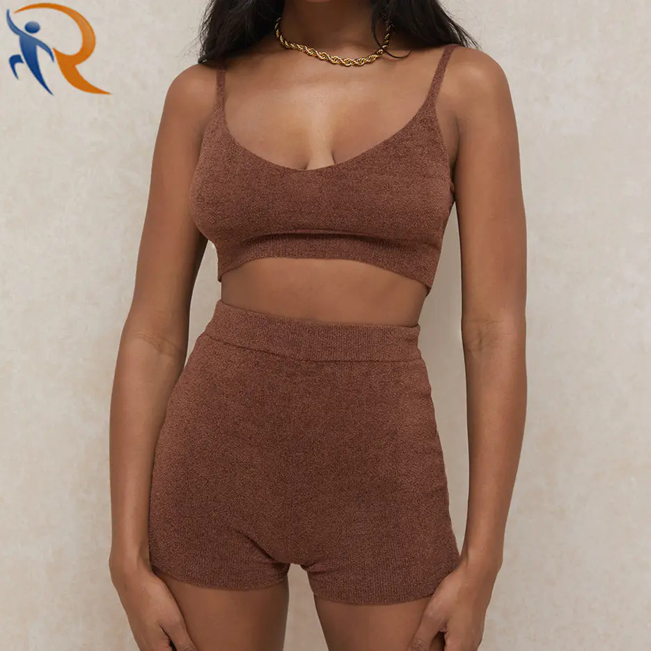 Women Casual Chocolate Fluffy Knit High Waist Top and Shorts Suit