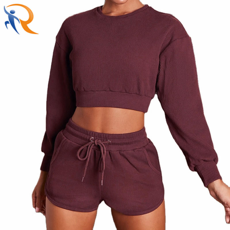 Wholesale Customized Logo Cotton Crop Top Hoodie Shorts 2 Piece Set Women Rib Casual Set