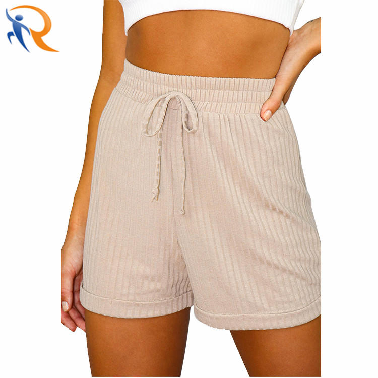Loose Fit Sports Wear Summer Cotton Knitting Drawstring Women Lounge Wear Jogger Ribbed Shorts