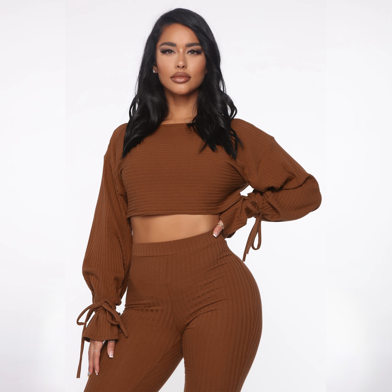 product-Ruiteng-Solid Color Women Casual Outfits Bandage 2022 Autumn Casual Set Crop Top 2 Piece-img