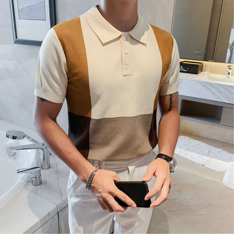 product-Summer New Men Polo Shirt Short-sleeved Casual Slim Blocking Color Knitted Outdoor Golf Polo
