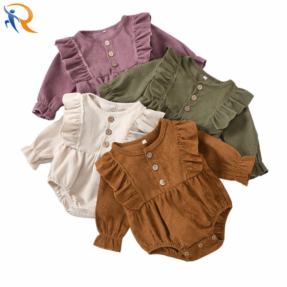 2022 Baby Girl′s Romper Infant Clothes Winter Blanks Ruffle Corduroy Cute Bodysuit for Baby Girl