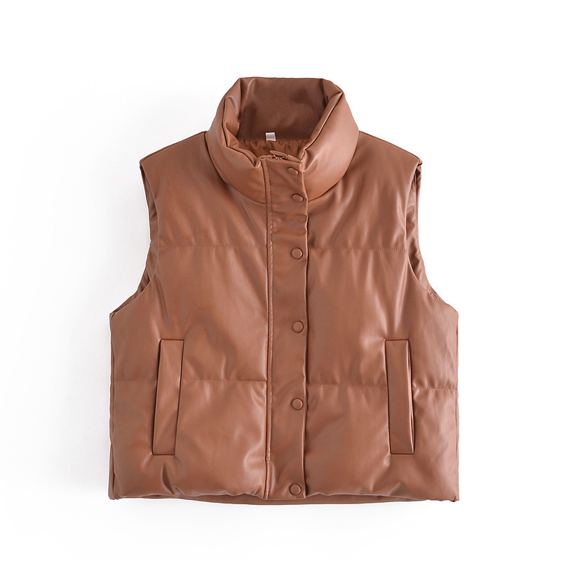 product-Women Streetwear High Collar Vests Button PU Leather Waistcoats Elegant Autumn Sleeveless Ve