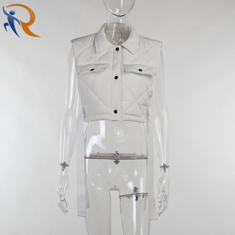 New Women Design Vest Casual All-match Rhombus Lattice Pocket Vest Cropped Sleeveless Coat