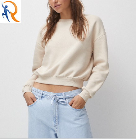 Womens Beige Solid Color Round Neck Ribbed Cuffs and Waist Comfort Scrop Sweatshirt