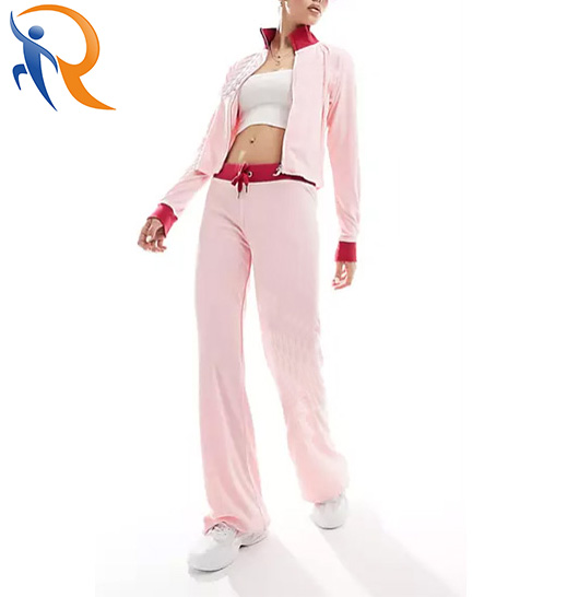 OEM Logo women Pink Smooth Collar Comfortable Cuff  Draw Rope Waist Show Long Legs Sportswear Tracksuits