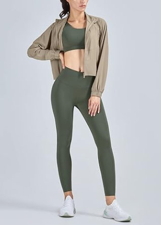 product-Slim Fitting Fitness Sportswear Stand Collar Long Sleeves Zip Up Khaki Windbreaker Cropped J