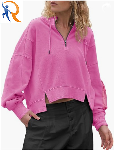 Custom Logo Womens Cotton Pink Half-zipper Drawstring Ribbed Cuffs Samll Open Ribbed Hem Sports Hoodies Daily Commuter Hoodie