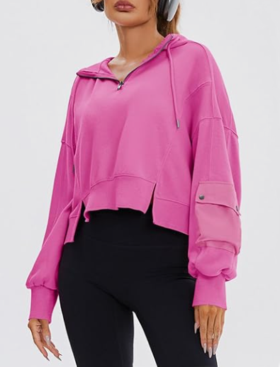 product-Custom Logo Womens Cotton Pink Half-zipper Drawstring Ribbed Cuffs Samll Open Ribbed Hem Spo