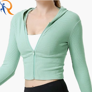 High Elastic Cotton Ribbed Knitting Cardigan Slim Fitting Gym Sportswear Scropped Hoodie