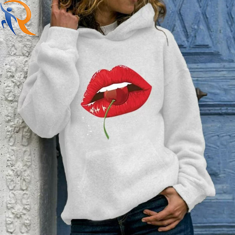 Womens 100% Cotton Warmth Outdoor Exercise Sportswear Hoodie Red Lips Printing Solid White Color Wholesale Activewear