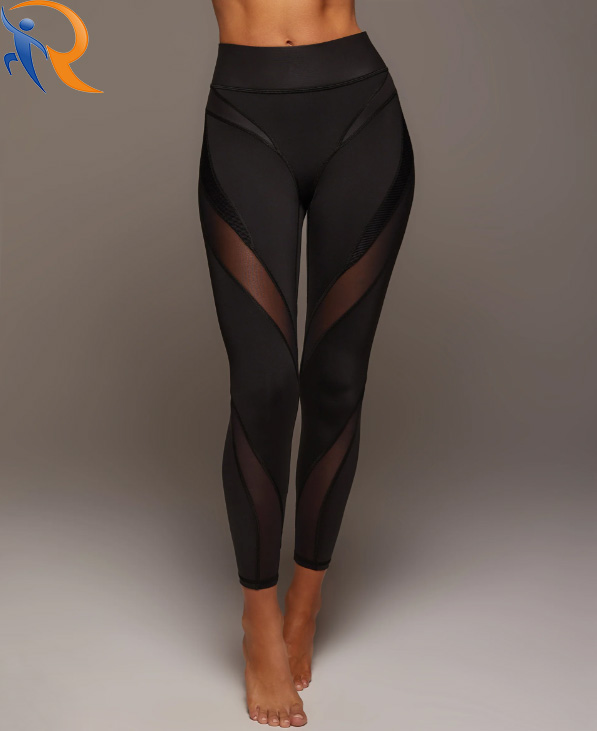 Womens Wholesale High Elastic Yoga Pants With Black  Semi-transparent Panels Design Version Legging