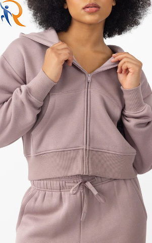 Gray Pink Cotton Scrop Ribbed Zip Up Outdoor Sports Tracksuit