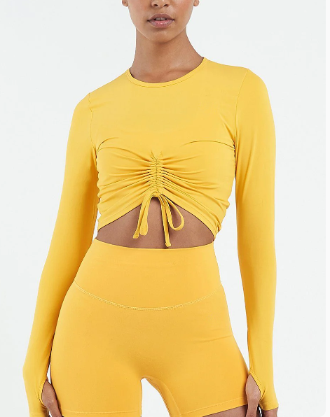 product-Ruiteng-Pure Yellow Color Gym Fitness Long Sleeves Scropped Top High Stretchy Short-img