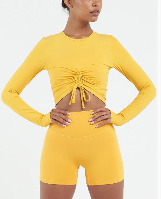 product-Pure Yellow Color Gym Fitness Long Sleeves Scropped Top High Stretchy Short-Ruiteng-img