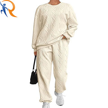 Women's Knit 2 Piece Outfit Long Sleeve Crewneck Sweatshirt High Waist Sweatpant Tracksuit Textured Sets