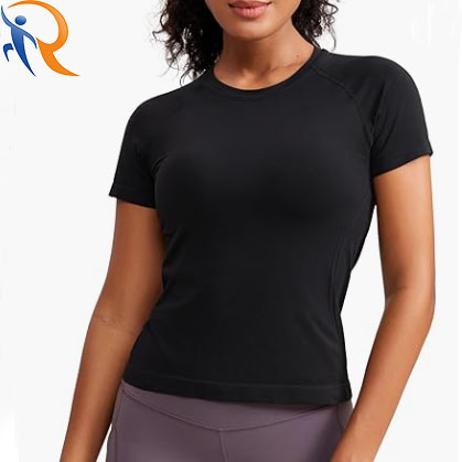 Womens Pure Black High Elastic Sweat Absorbing Sportswear Fitness T-shirt