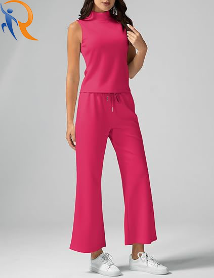 Women's 2 Piece Outfits Summer Sleeveless Mock Neck Tops Wide Leg Crop Pants Lounge Sportswear Set 2024 Trendy Clothing