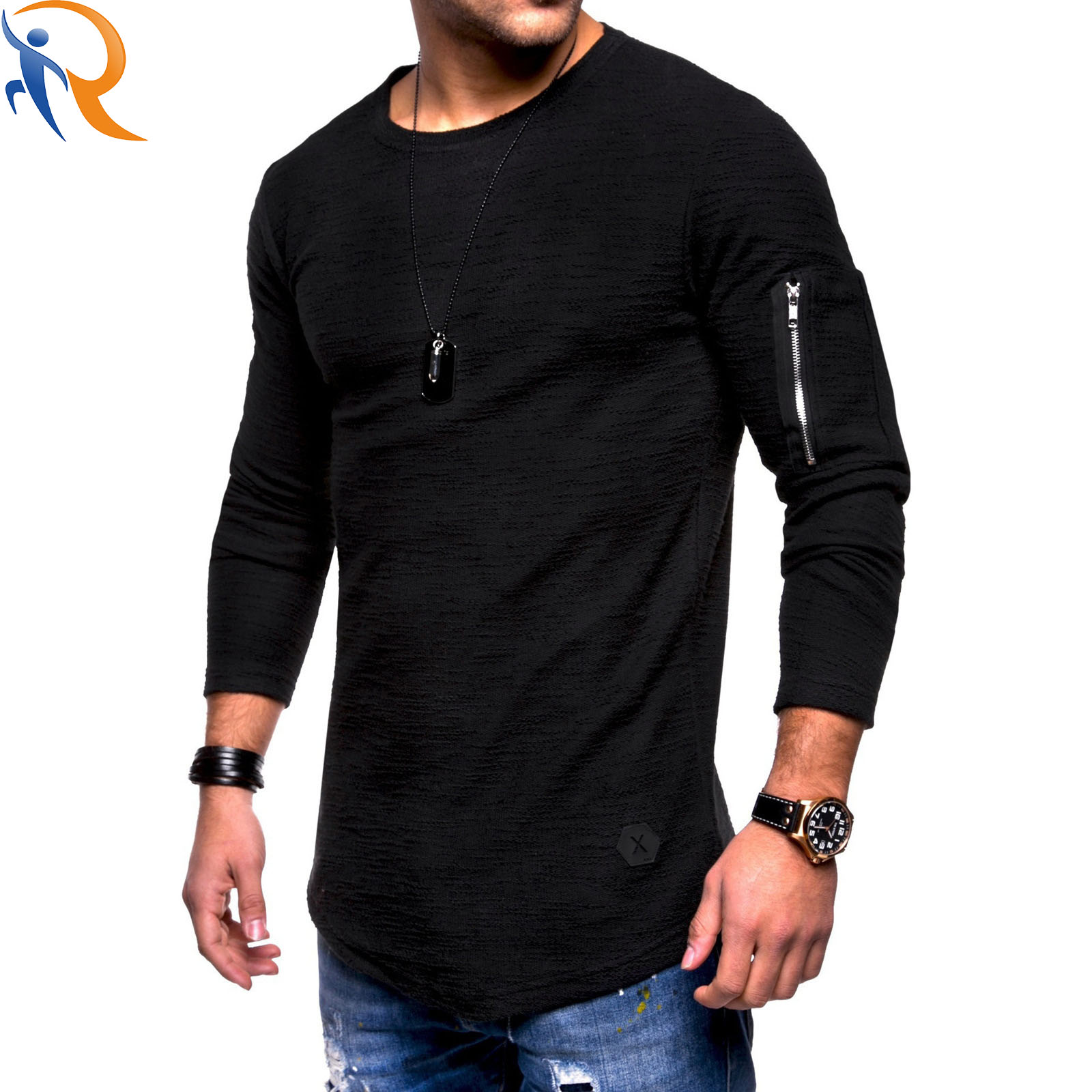 Slim-fit crew neck long sleeve T-shirt Men's arm zipper personality sports T-shirt