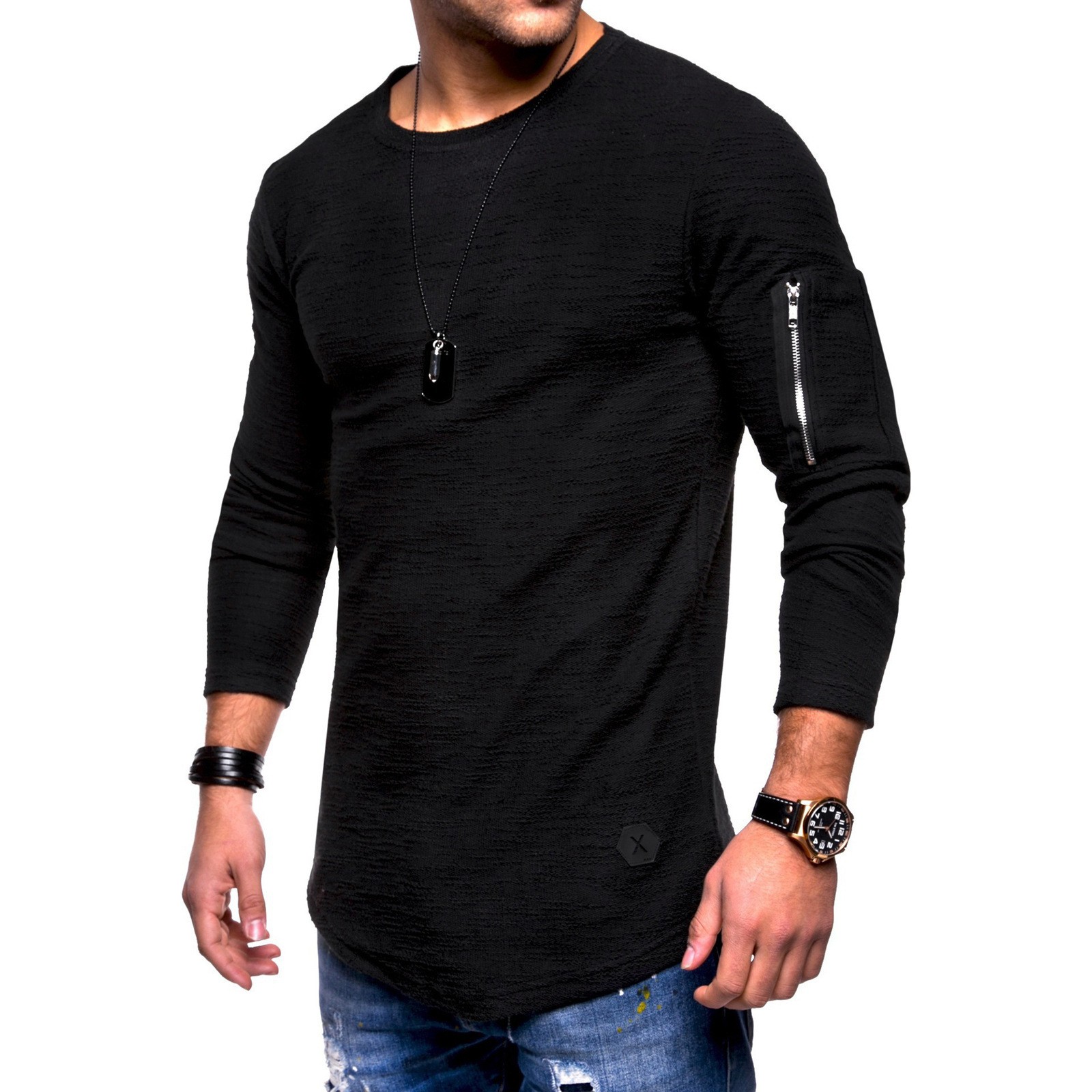 product-Ruiteng-Slim-fit crew neck long sleeve T-shirt Mens arm zipper personality sports T-shirt-im