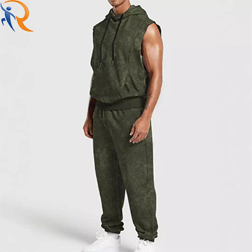 Men's Winter Washed Old Sleeveless Sportswear Hooded Pantsuit Tracksuit