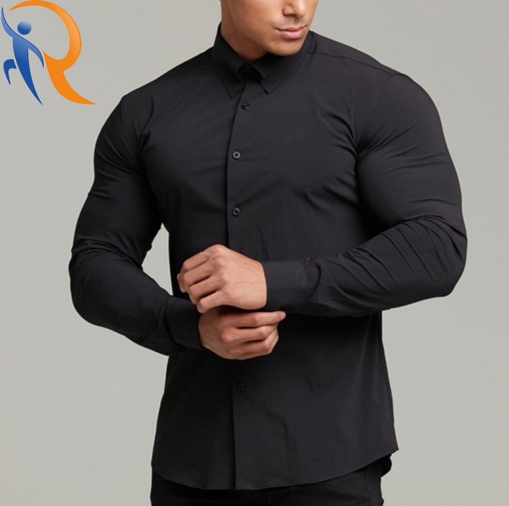 Muscel Mens Sports Shirt Long Sleeve Lapel Thin Fitness Cardigan Business Shirt