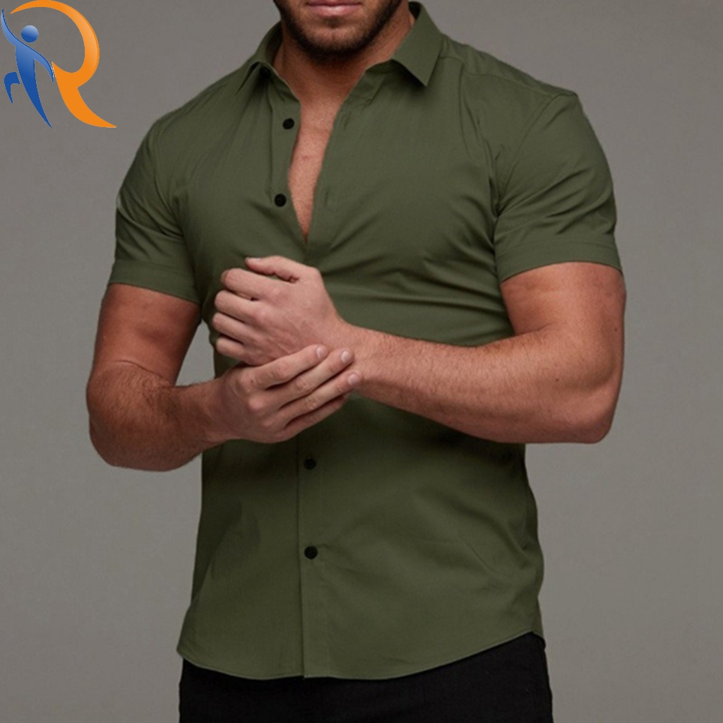 Mens Fitness Short Sleeve Lapel Shirt Elastic Thin Solid Color Sport Cardigan Shirt