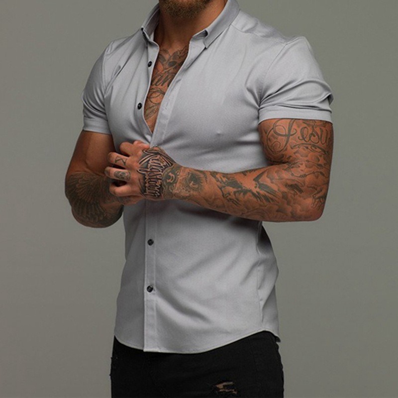 product-Mens Fitness Short Sleeve Lapel Shirt Elastic Thin Solid Color Sport Cardigan Shirt-Ruiteng-