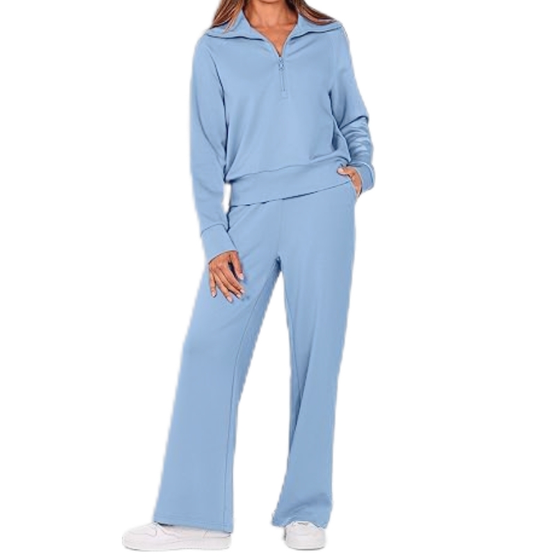 product-Ruiteng-Womens 2 Piece Outfits Casual Turn-down Collar Half Zip Wide Leg Tracksuit-img