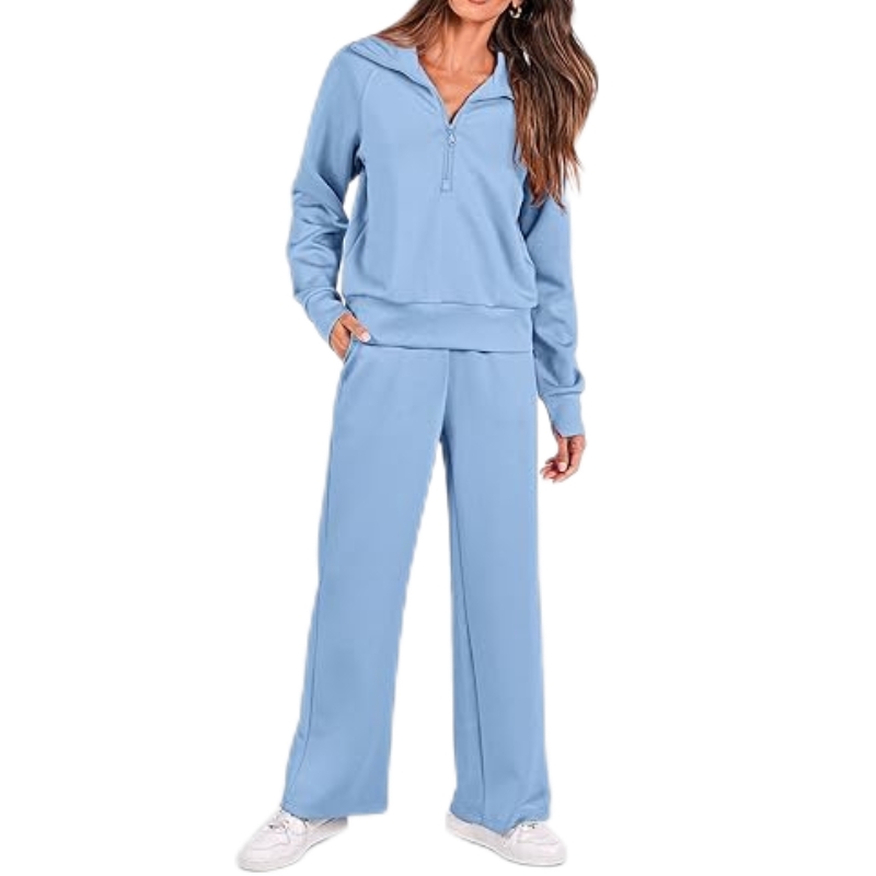 product-Womens 2 Piece Outfits Casual Turn-down Collar Half Zip Wide Leg Tracksuit-Ruiteng-img