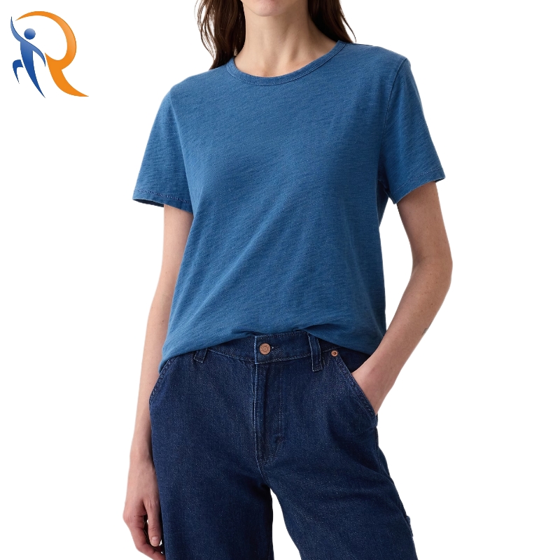 Women Casual Loose Stretch Vintage Indigo Crewneck T-Shirt