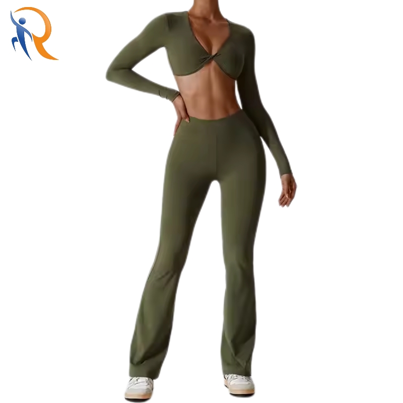 Custom Quick Dry Front Twist Sexy Workout Crop Top Flare Pants For Women