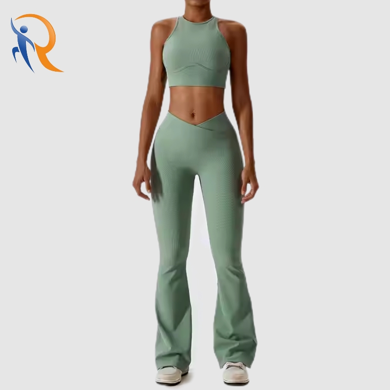 Women Hollow Back Crop Top V Cut Flared Wide Leg Sweatpants Two Piece Yoga Sets