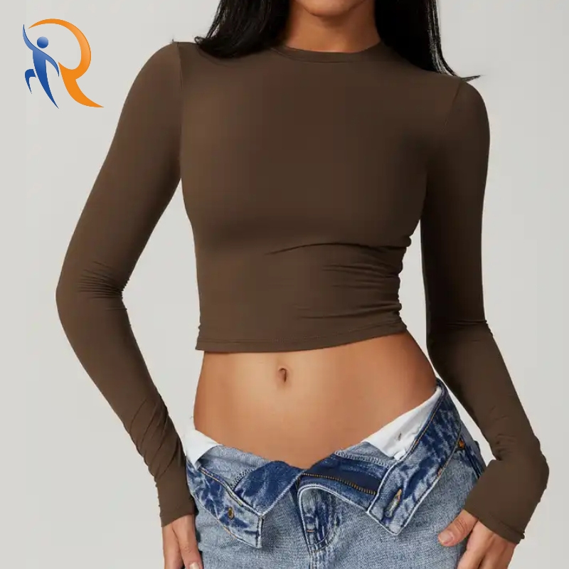 Tight Fit Fitness Workout Top Women Long Sleeve T-Shirt Crop Tops Yoga Pilates Exercise