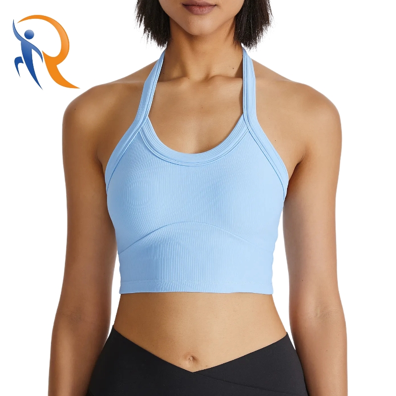 Women Sports Bra Ribbed Halter Neck Fitness Yoga Tank Top