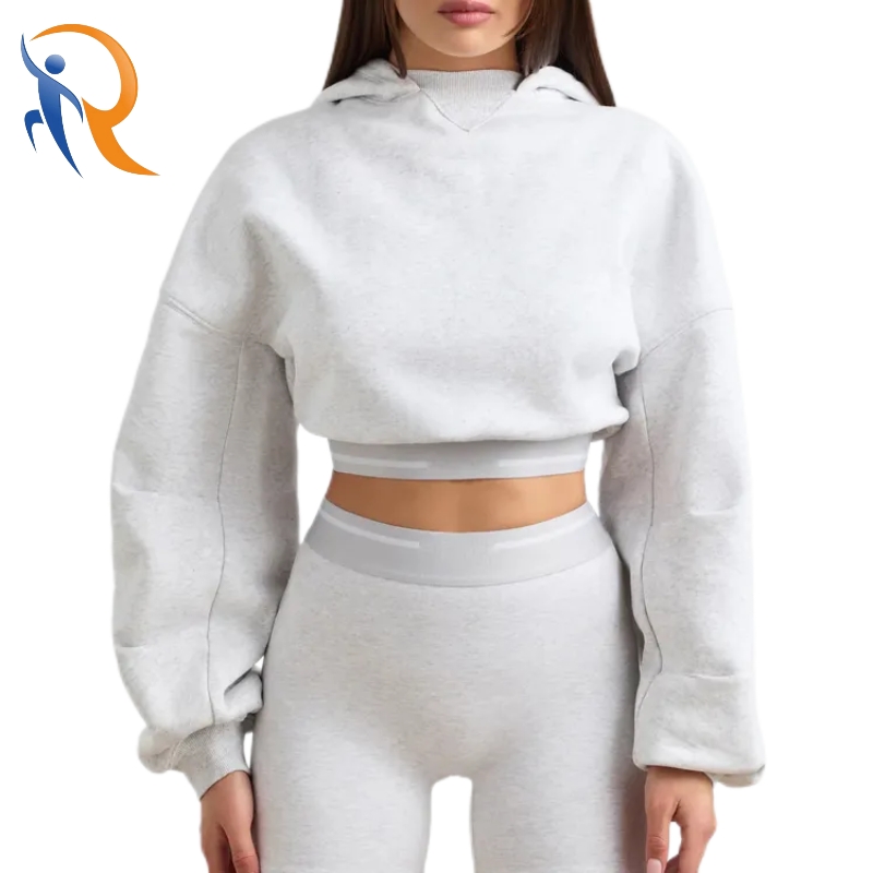 Women Cotton Casual Heavy Weight Blank Grey Oversized Cropped Hoodie Shorts Tracksuit