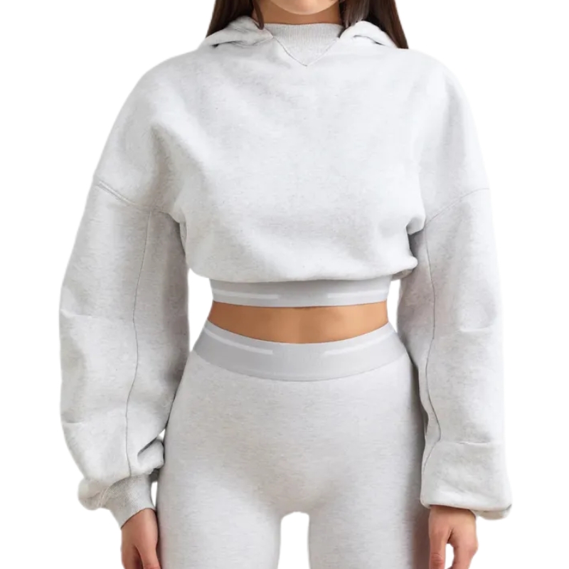 product-Ruiteng-Women Cotton Casual Heavy Weight Blank Grey Oversized Cropped Hoodie Shorts Tracksui