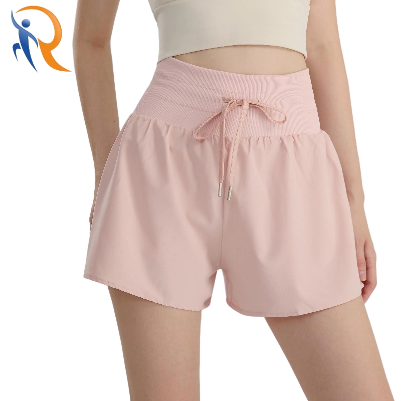 Women's High Waist Adjustable Drawstring Pink Sports Shorts